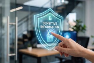 Finger drückt auf das Hologramm eines Cybersecurity-Symbols