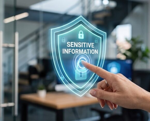 Finger drückt auf das Hologramm eines Cybersecurity-Symbols