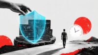 Adlon-Grafik: Hand mit Cybersecurity-Schild, einer Uhr entgegengehender Mann