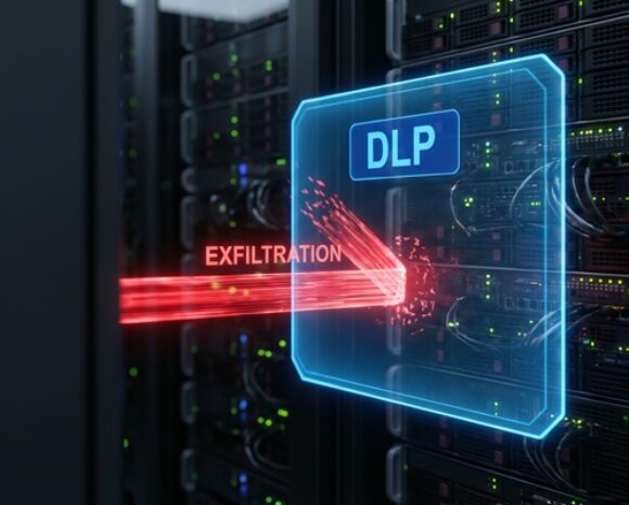 Data Loss Prevention Concept with DLP Shield Blocking Data Exfiltration in Server Room