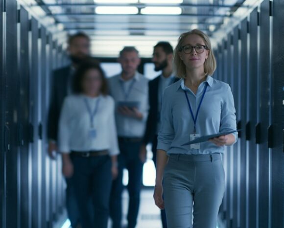 Ein Team von Fachleuten geht durch ein modernes Rechenzentrum, umgeben von Reihen von Servern.