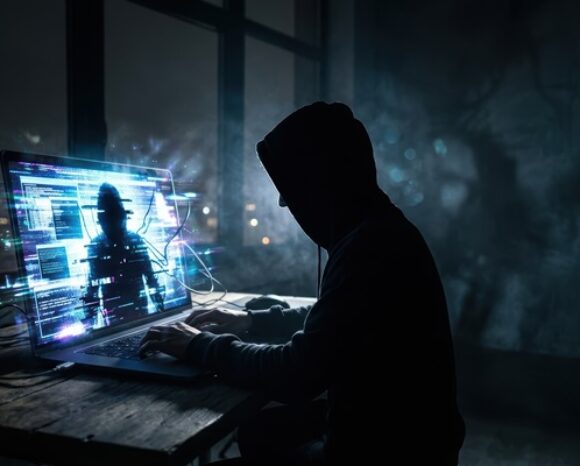 Hacker vor Bildschirm mit menschlicher Silhouette