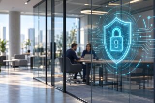 Cyberdefense-Symbol vor Raum mit Teambesprechung