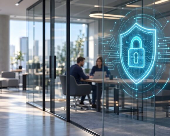 Cyberdefense-Symbol vor Raum mit Teambesprechung