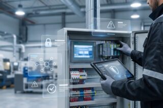 Techniker prüft einen Schaltschrank in einer Industriehalle, mit eingeblendeten digitalen Sicherheitssymbolen.