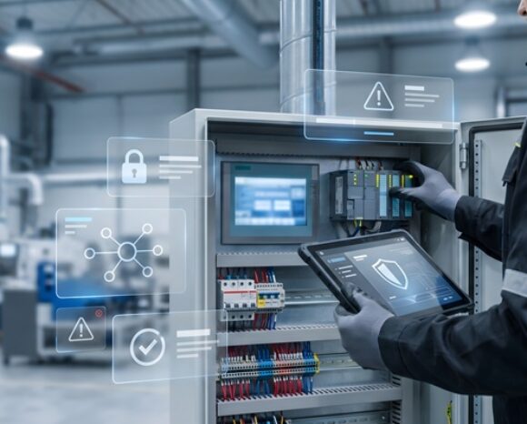 Techniker prüft einen Schaltschrank in einer Industriehalle, mit eingeblendeten digitalen Sicherheitssymbolen.