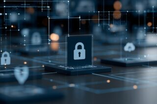 Virtuelle Darstellung eines Netzwerks mit Datenschutzsymbolen