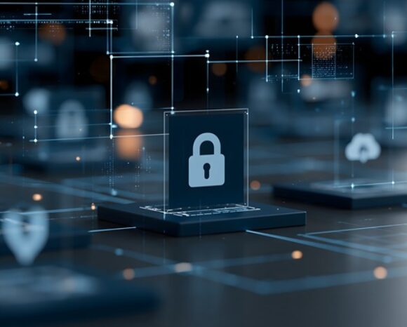 Virtuelle Darstellung eines Netzwerks mit Datenschutzsymbolen